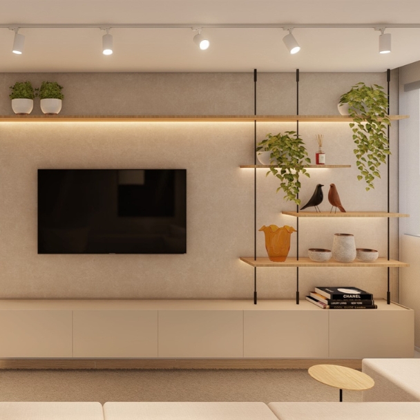 Sala de estar moderna com estante com corda de aço e decoração minimalista - Vinícius Eliel Arquitetura